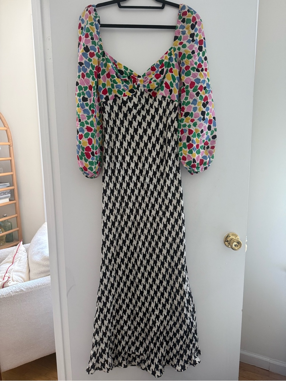 RIXO Multicolor Puff-Sleeve Maxi Dress with Black-and-White Houndstooth Skirt